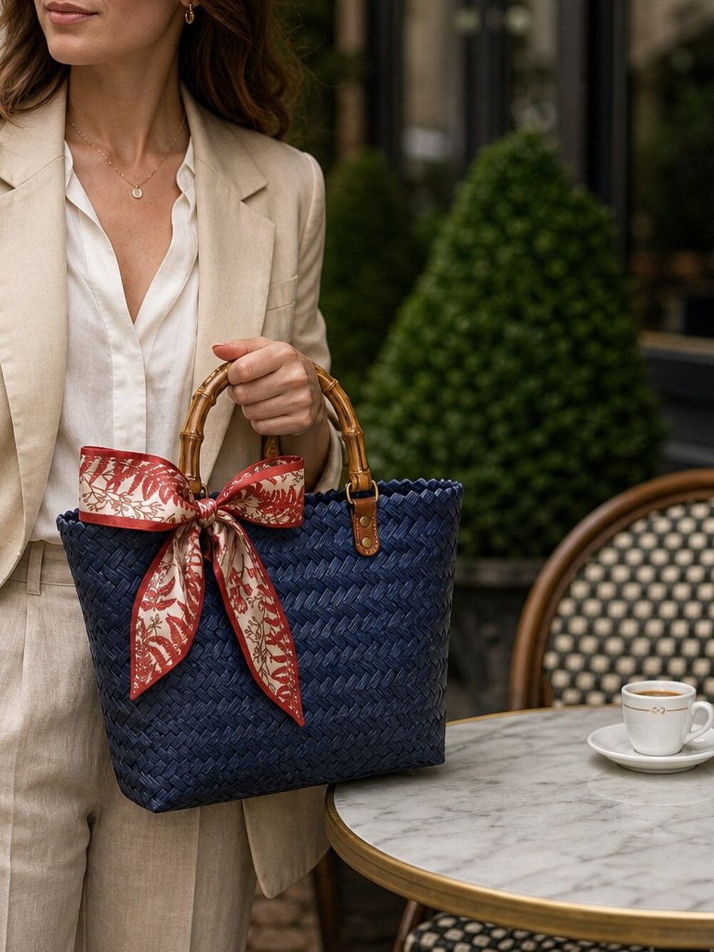 NWT Handwoven Navy Basket Tote Bag | Faux Bamboo Handle + Scarf - Picture 6 of 16